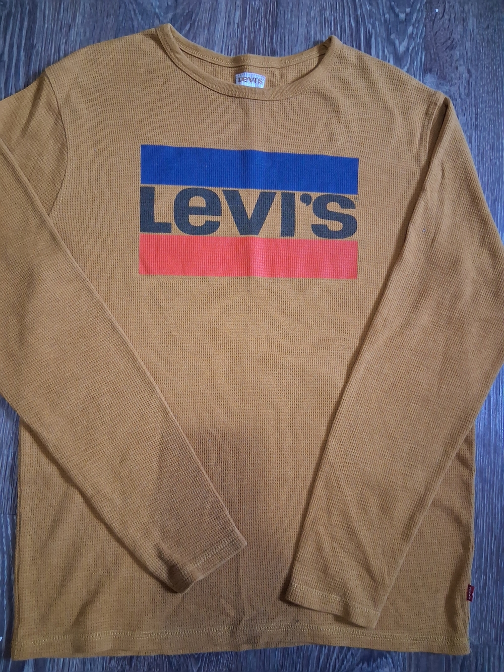 Levi's Mustard Waffle Knit Long Sleeve with Blue & Red Logo